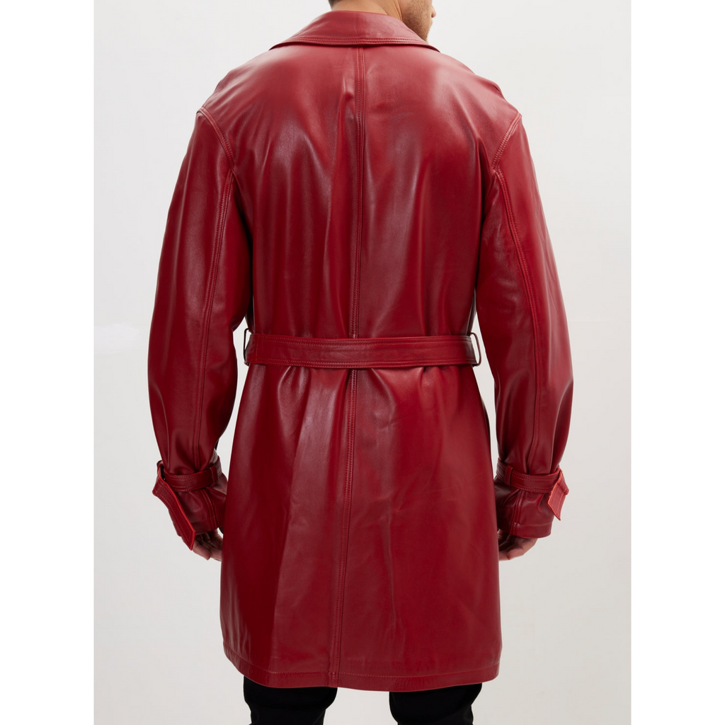 Men's Red Belted Genuine Leather Trench Coat