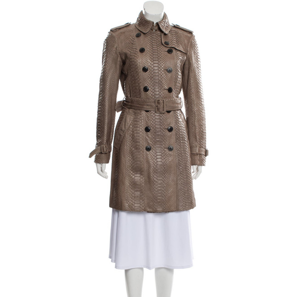 Women's Taupe Python Embossed Effect Double Breasted Real Leather Trench Coat