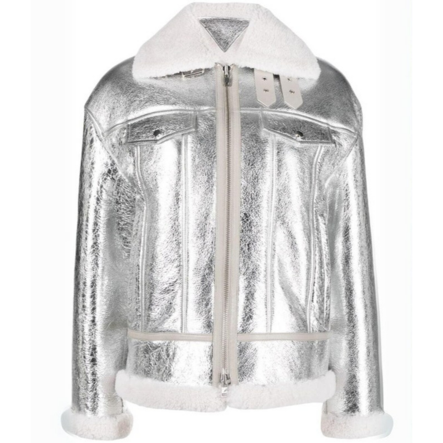 Women's Silver Metallic Foil Real Lambskin Furr Shearling Coat