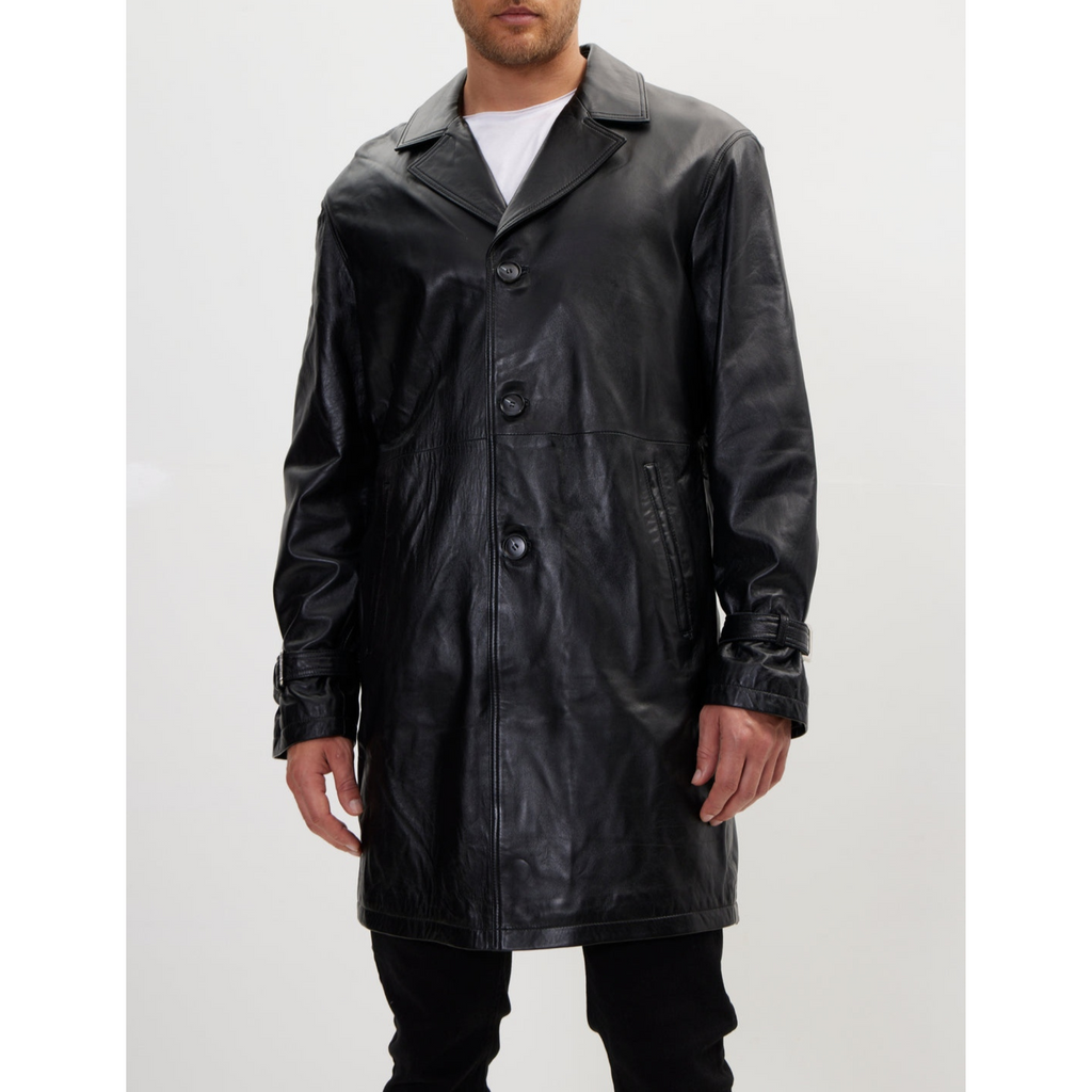 Men's Red Belted Genuine Leather Trench Coat