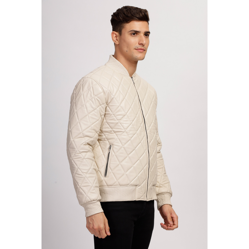 Mens Off White Diamond Quilted Bomber Leather Jacket