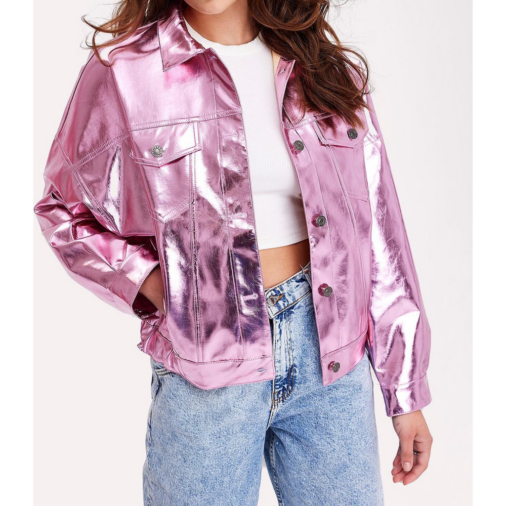Women's Pink Metallic Foil Denim Style Genuine Leather Shacket