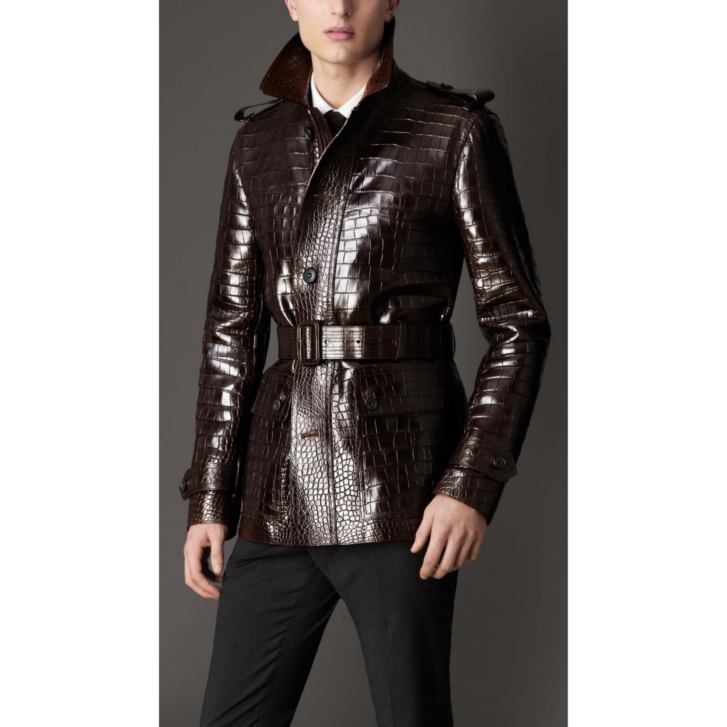 Mens Rich Brown Croc Embossed Effect Belted Real Leather Trench Coat Short Coat