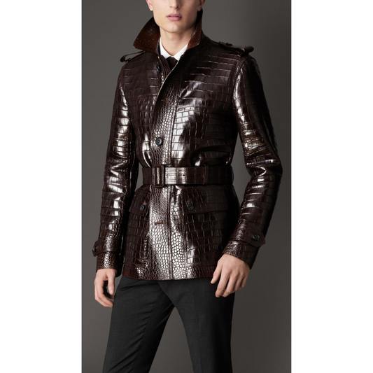 Mens Rich Brown Croc Embossed Effect Belted Real Leather Trench Coat Short Coat