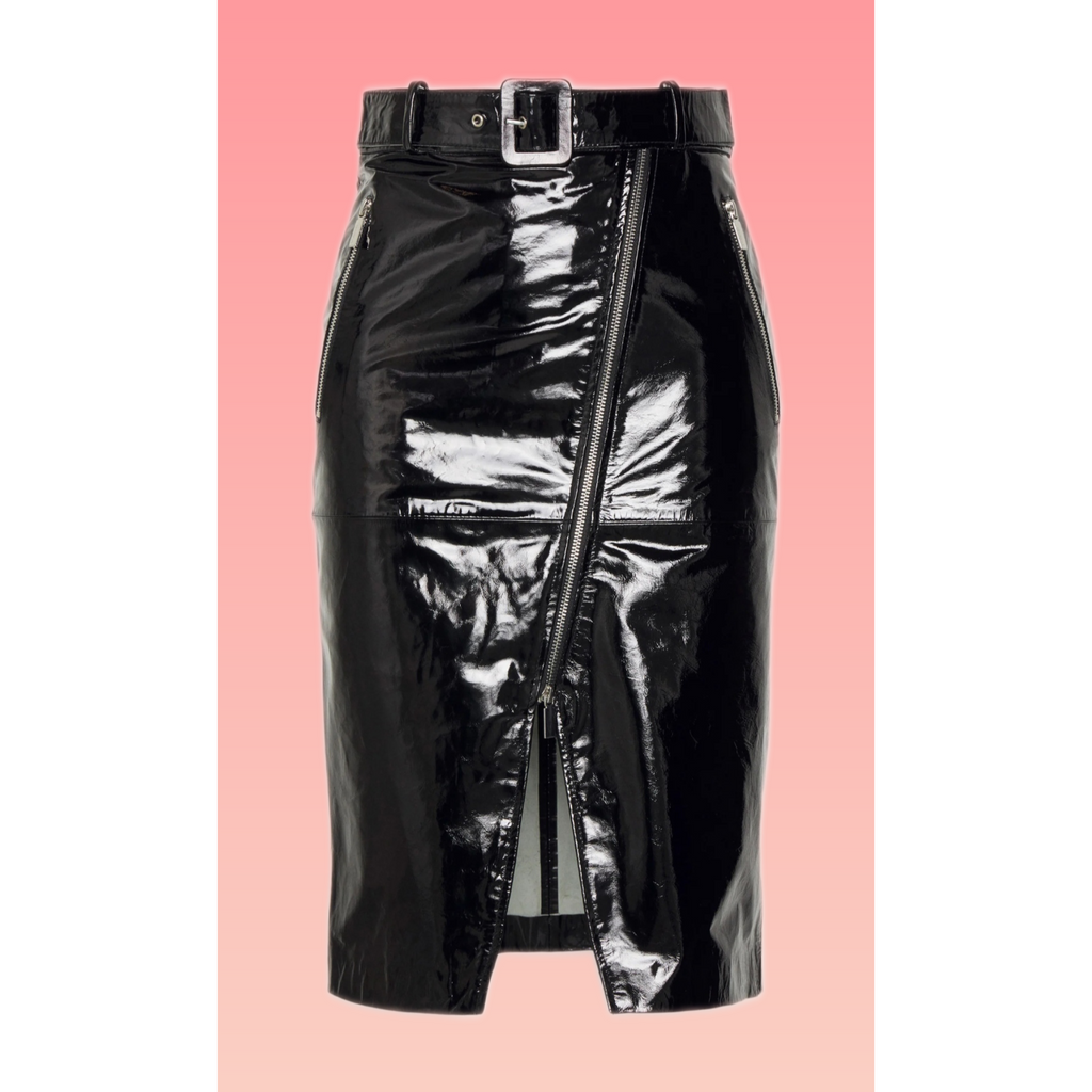 Women's Black Patent Zip Front Pencil Midi Leather Skirt
