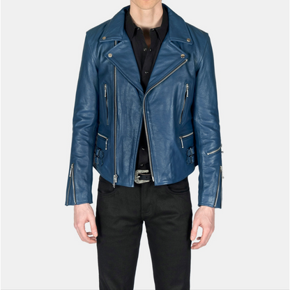 Mens Navy Blue Slim Fit Motorcycle Biker Leather Jacket