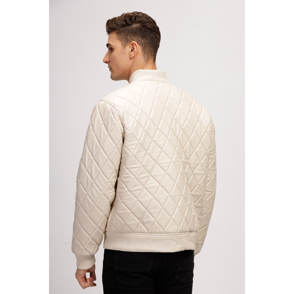 Mens Off White Diamond Quilted Bomber Leather Jacket