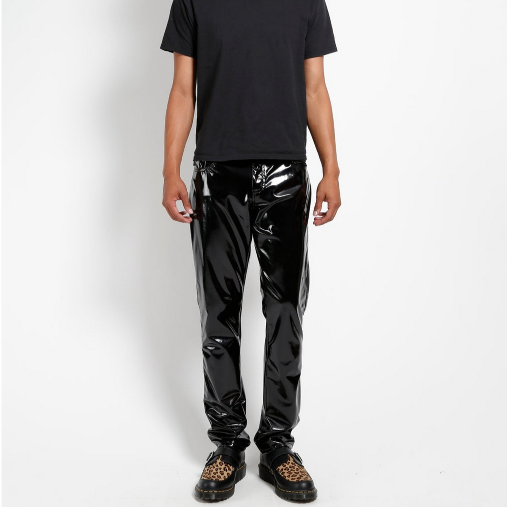 Mens Black Patent Genuine Leather Pant Trouser