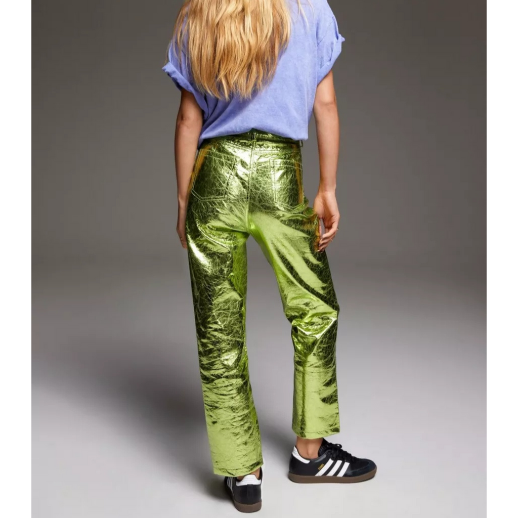 Women's Green Crackle Metallic Foil Straight Leg Genuine Leather Pants