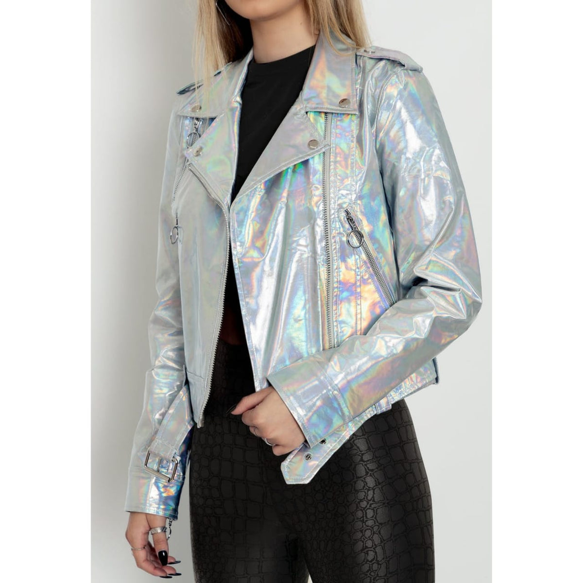 Women's Iridescent Silver Metallic Foil Motorcycle Biker Belted Genuine Lambskin Leather Jacket