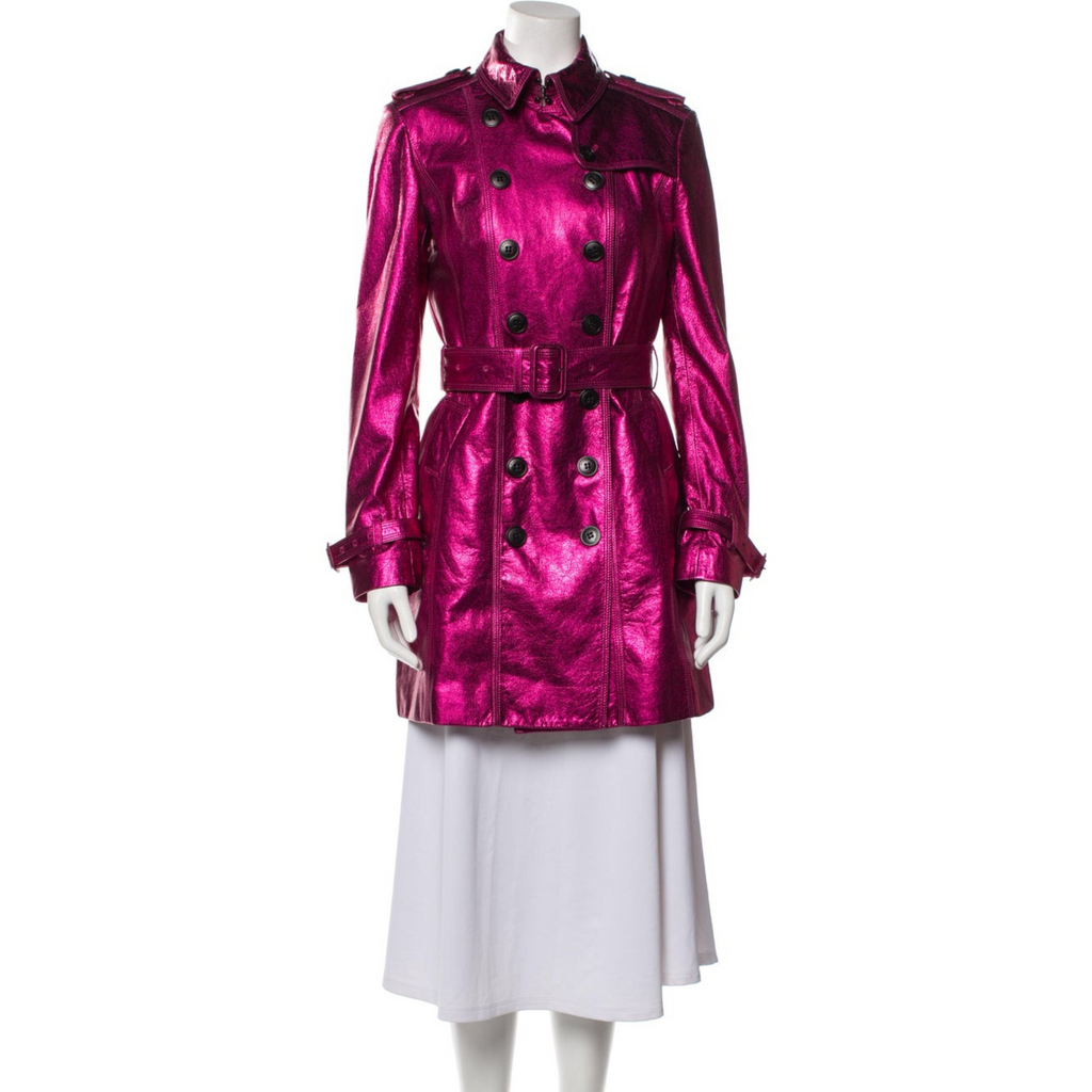 Womens Fuchsia Pink Metallic Foil Effect Double Breasted Real Leather Trench Coat