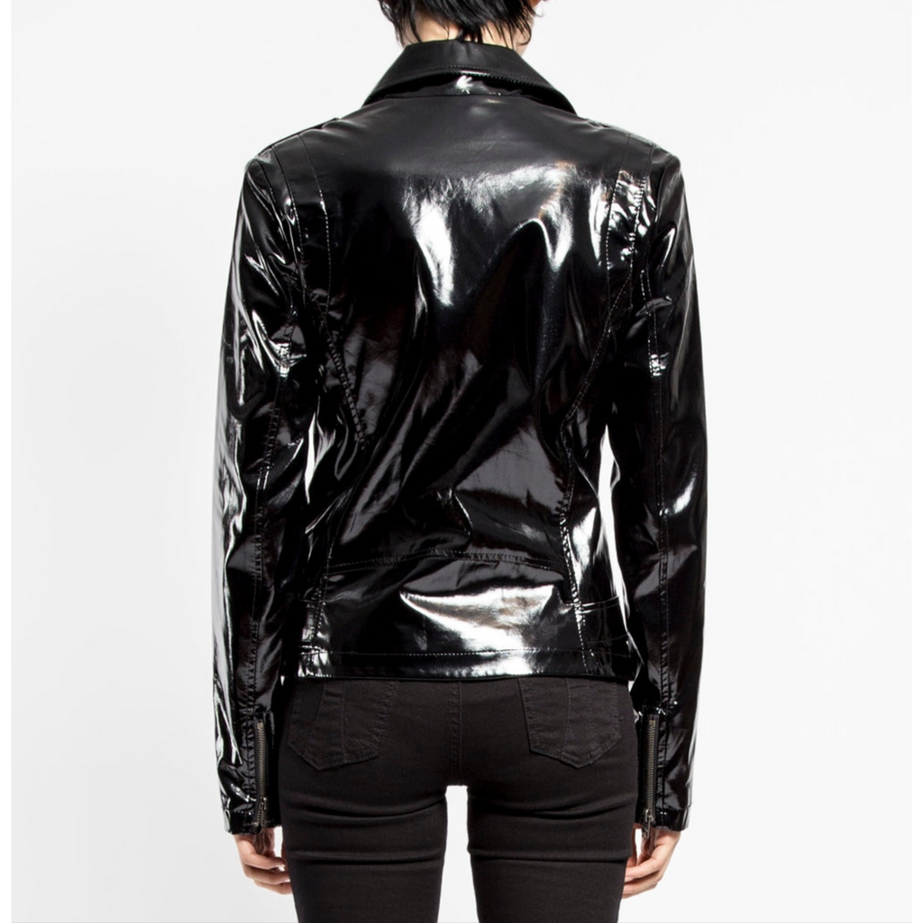 Women's Black Patent Motorcycle Biker Belted Genuine Leather Jacket