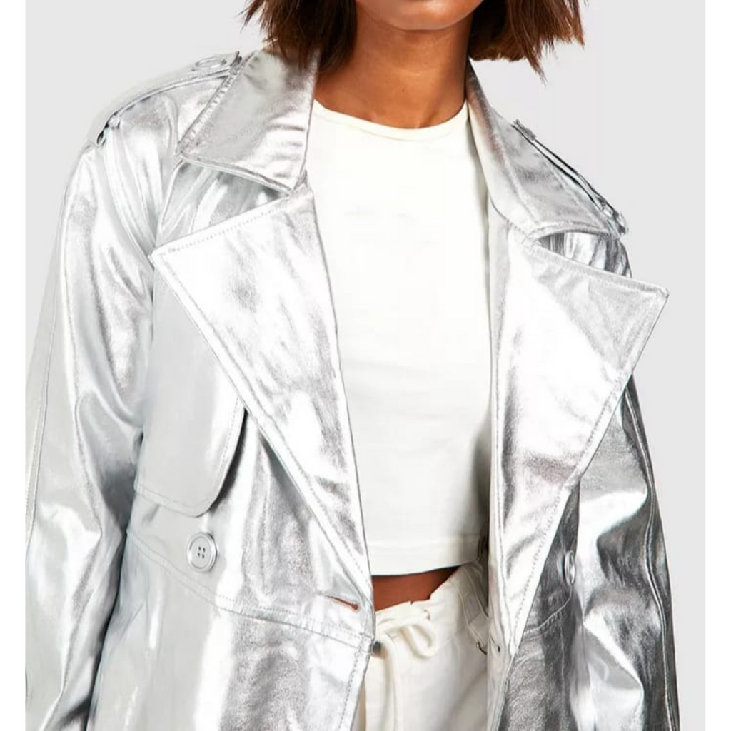 Women's Silver Metallic Foil Effect Double Breasted Real Leather Trench Coat