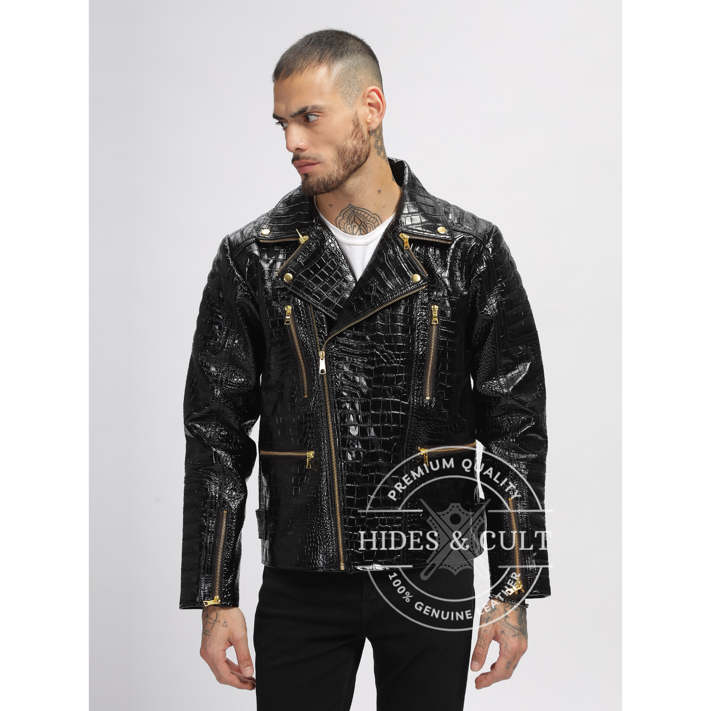 Mens Black Patent Croc Motorcycle Biker Gold Zip Leather Jacket