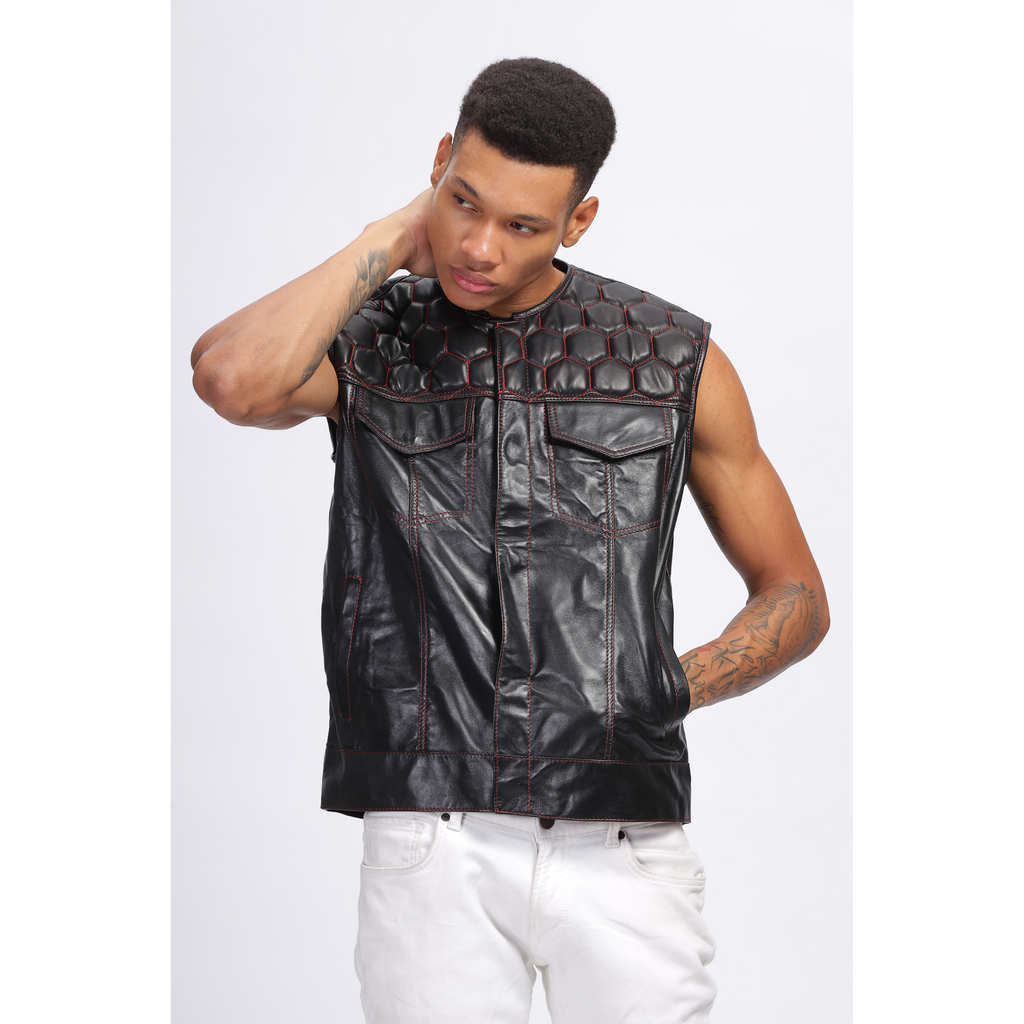 Mens Black Honeycomb Quilted Leather Vest Coat