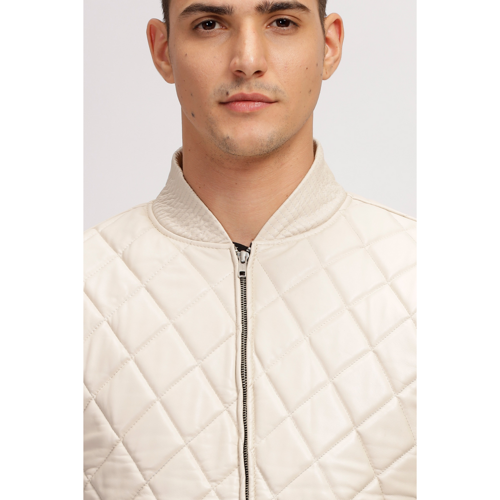 Mens Off White Diamond Quilted Bomber Leather Jacket