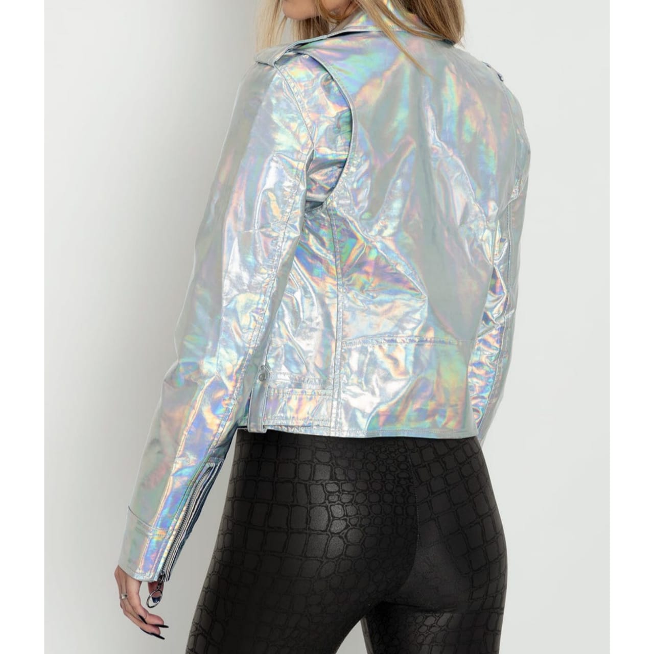 Women's Iridescent Silver Metallic Foil Motorcycle Biker Belted Genuine Lambskin Leather Jacket