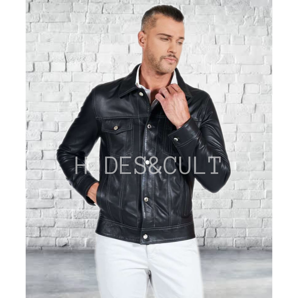 Mens Black Slim Fit Denim Trucker Leather Jacket