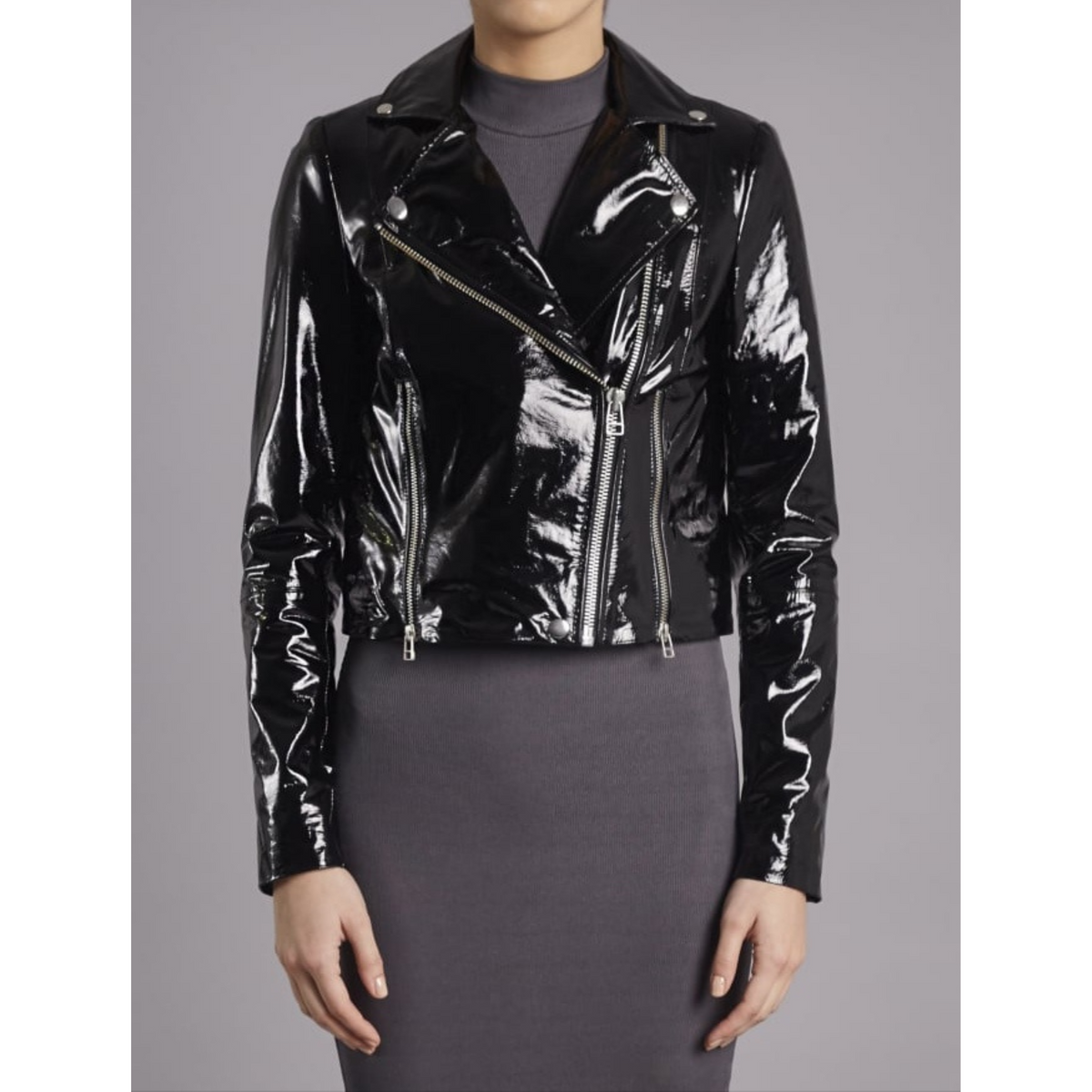 Women's Black Patent Zipper Detail Motorcycle Biker Leather Jacket