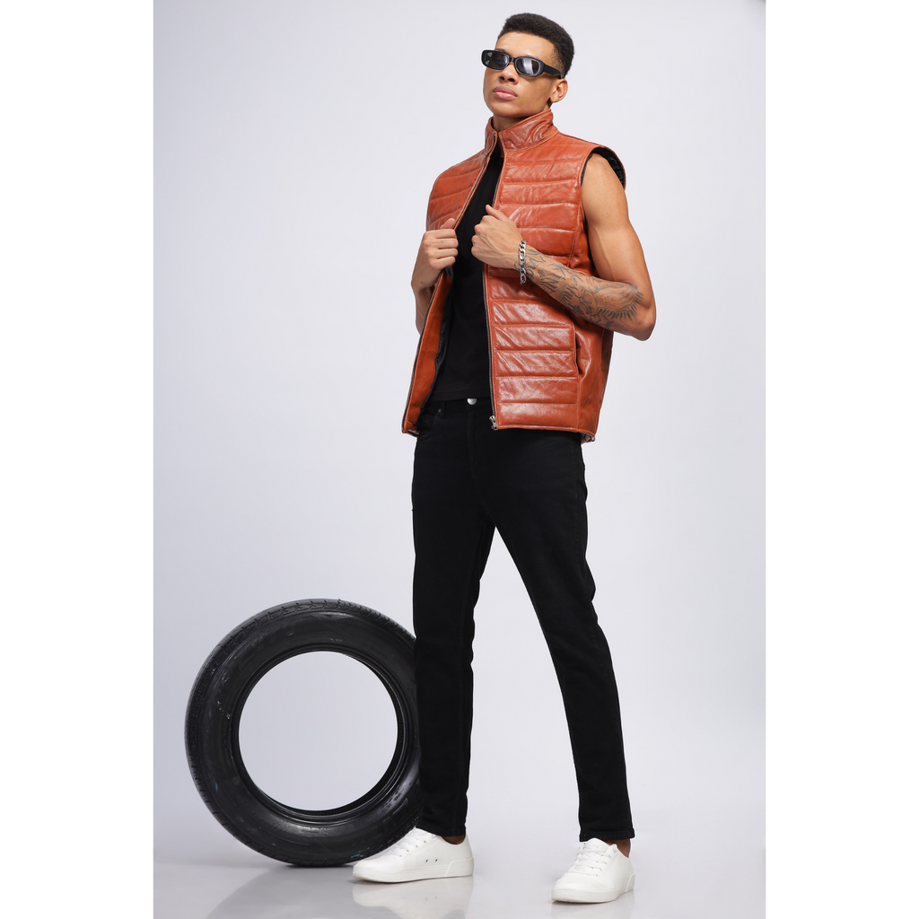 Mens Vintage Crunch Tan Puffer Style Crackle Leather Down Vest Jacket