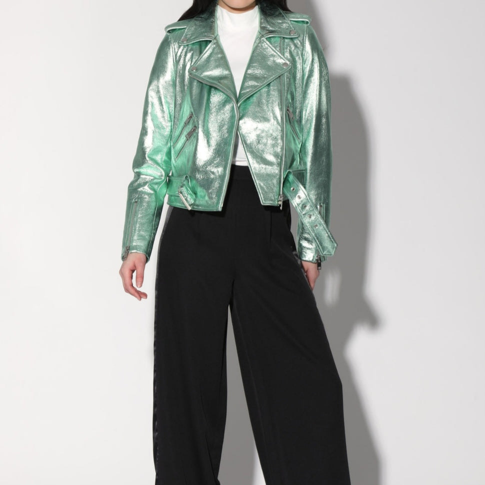 Women's Mint Green Metallic Foil Motorcycle Biker Belted Leather Jacket