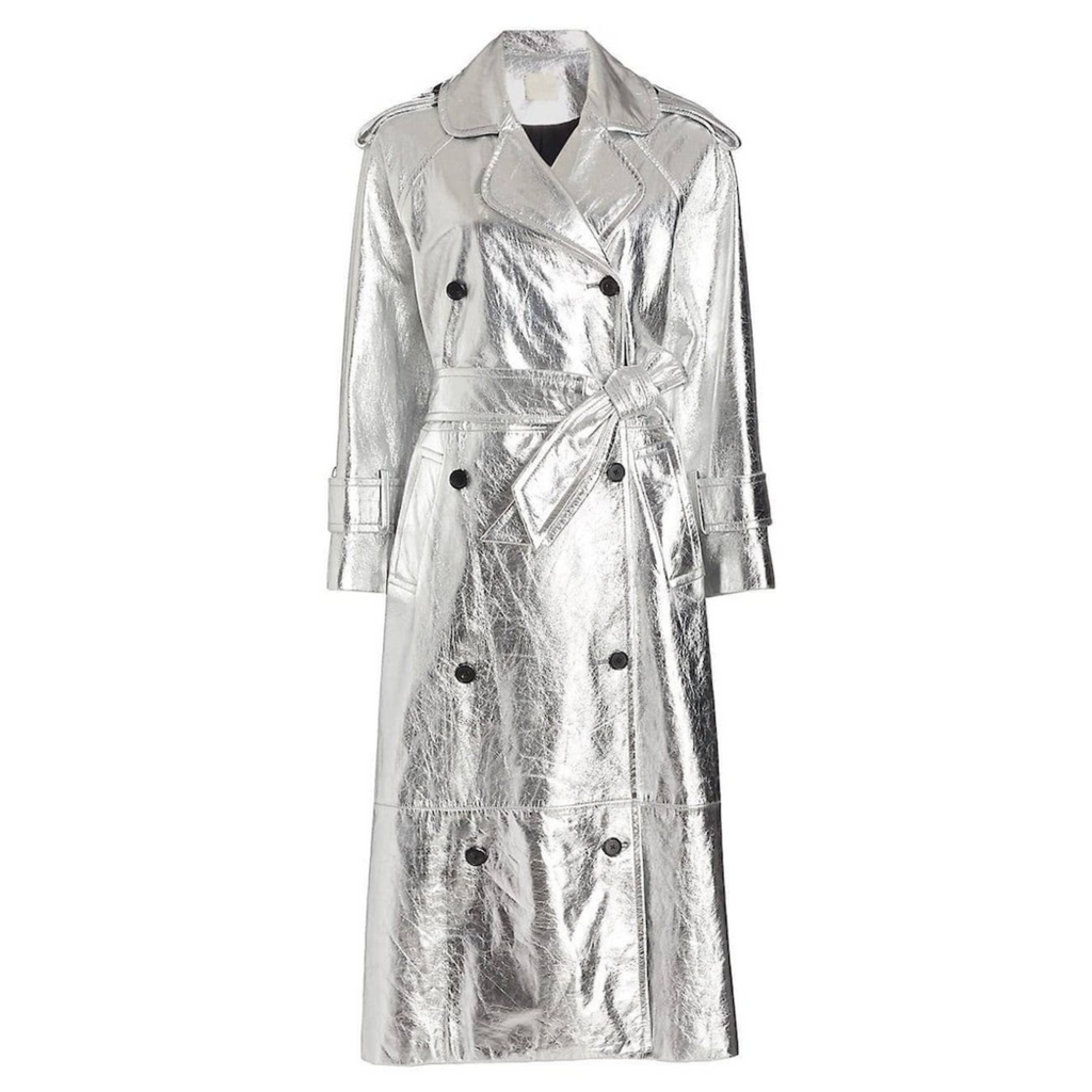 Women's Silver Metallic Foil Effect Double Breasted Real Leather Trench Coat