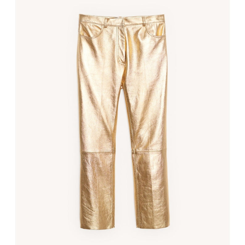 Women's Gold Metallic Foil Effect Straight Leg Genuine Leather Pants