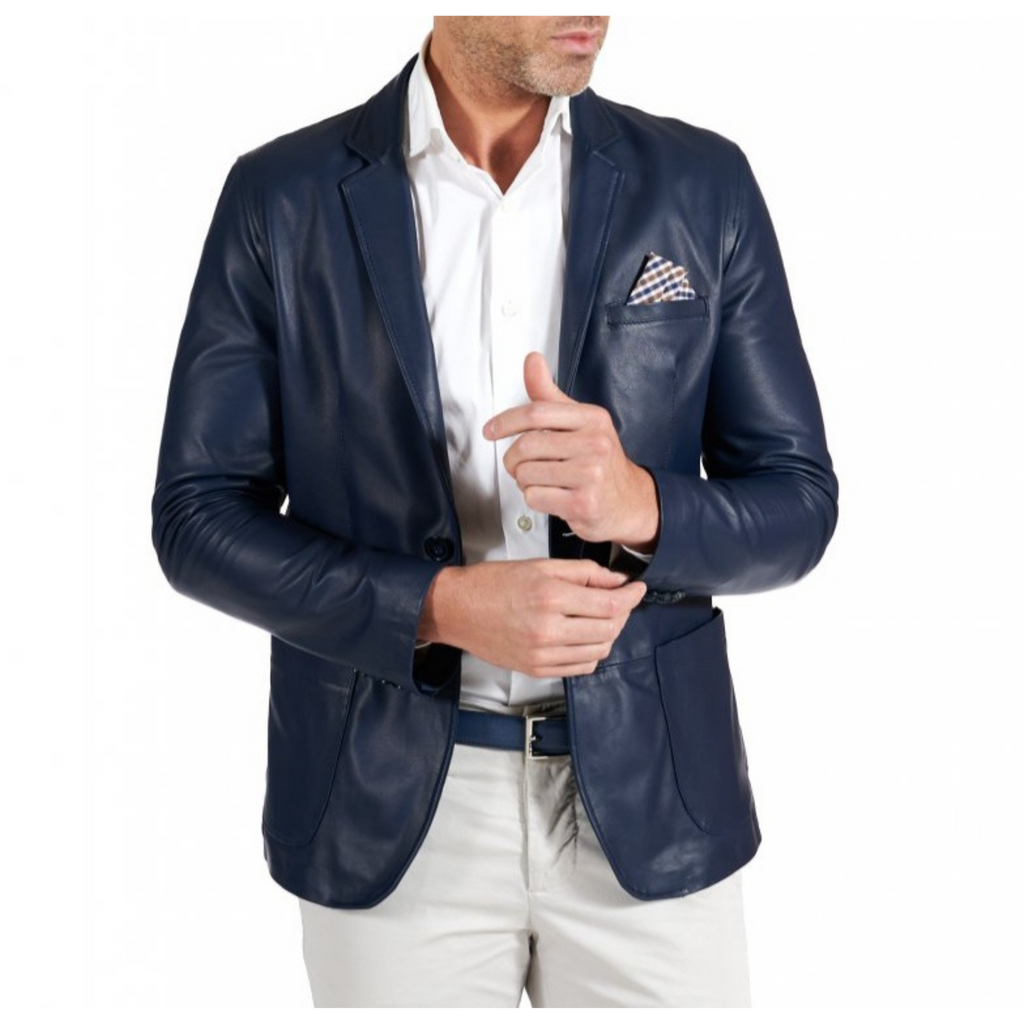 Men's Navy Blue Slim Fit Business Leather Blazer