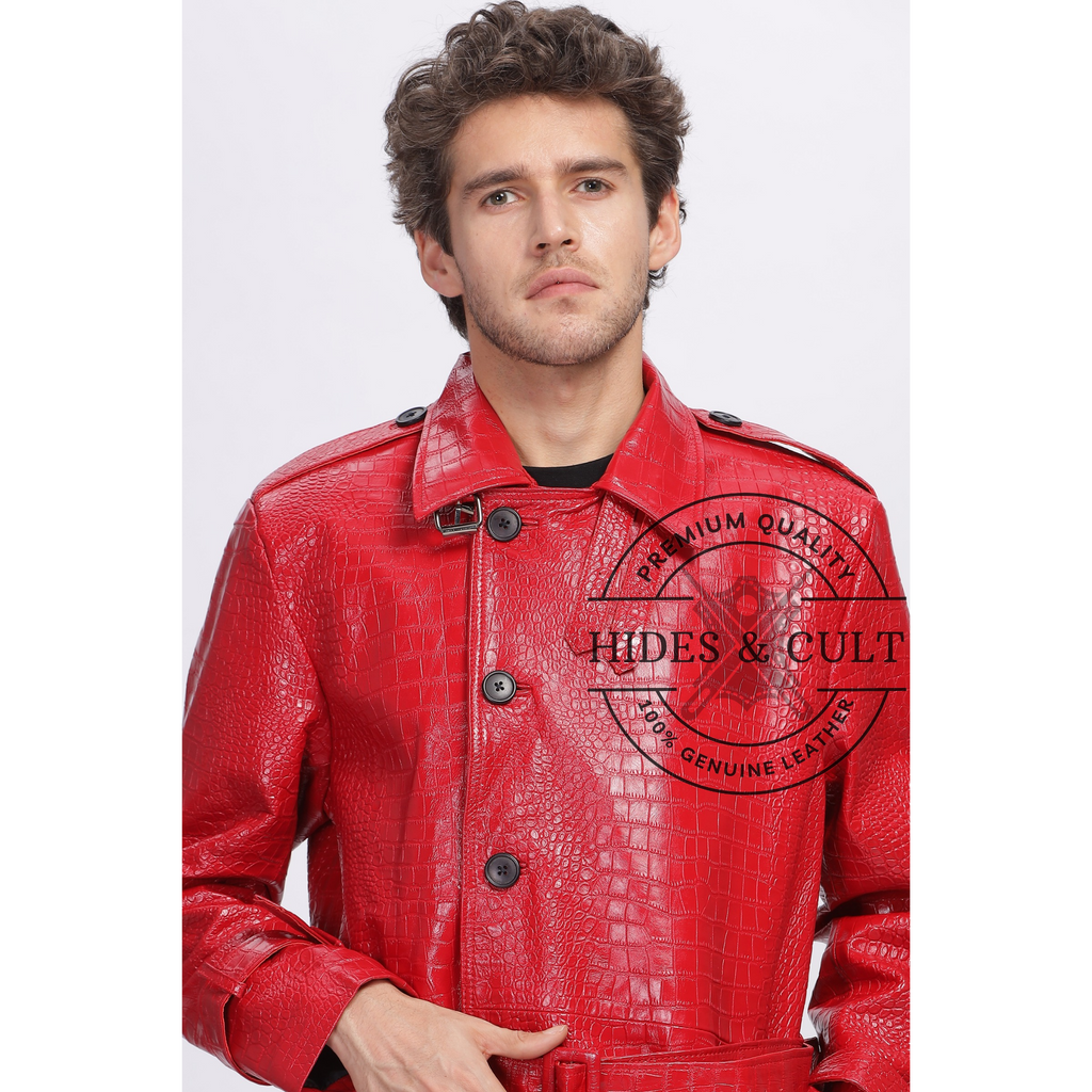 Mens Rich Red Croc Leather Trench