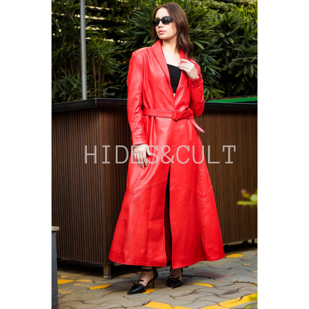 Women's Red Genuine Leather Long Maxi Dress