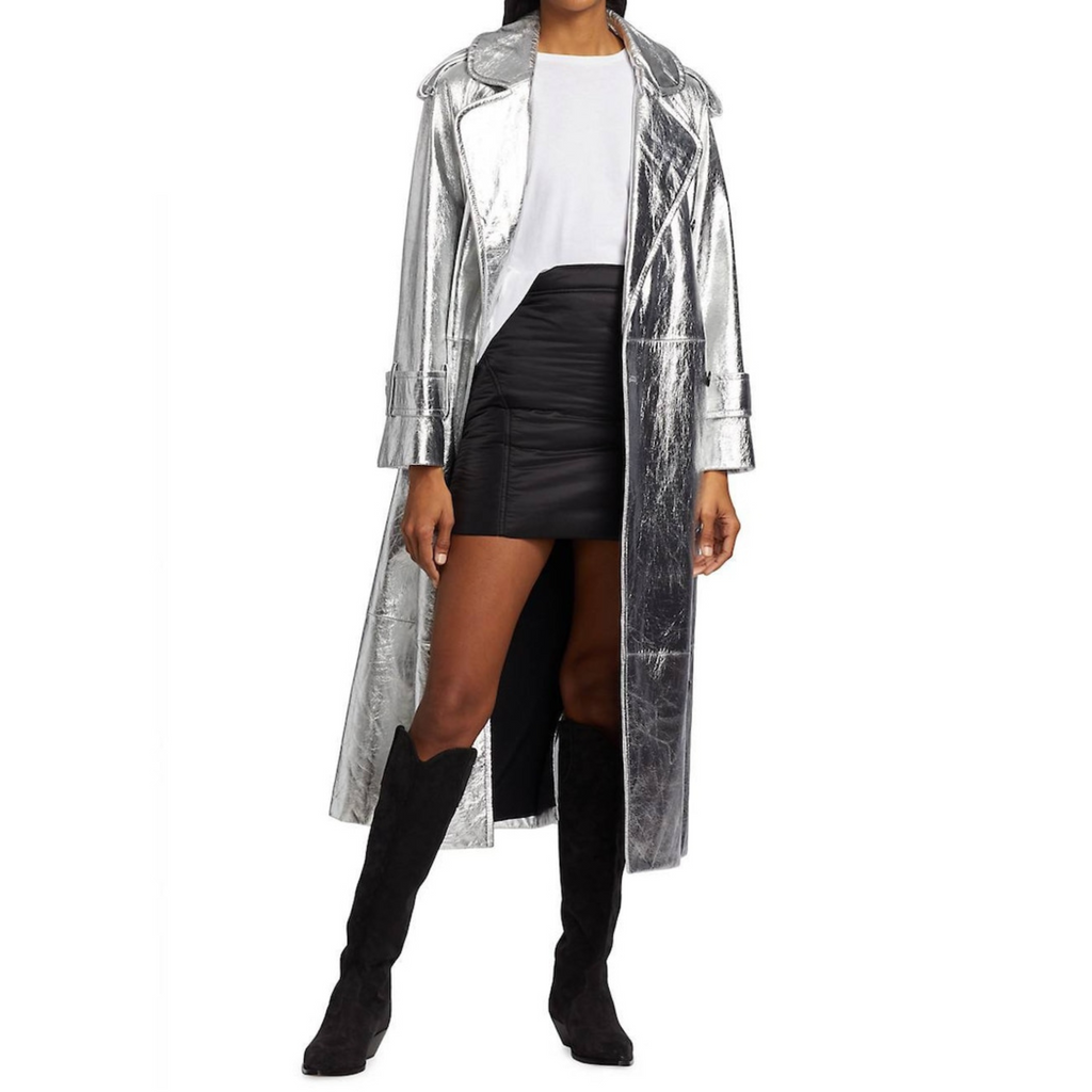 Women's Silver Metallic Foil Effect Double Breasted Real Leather Trench Coat