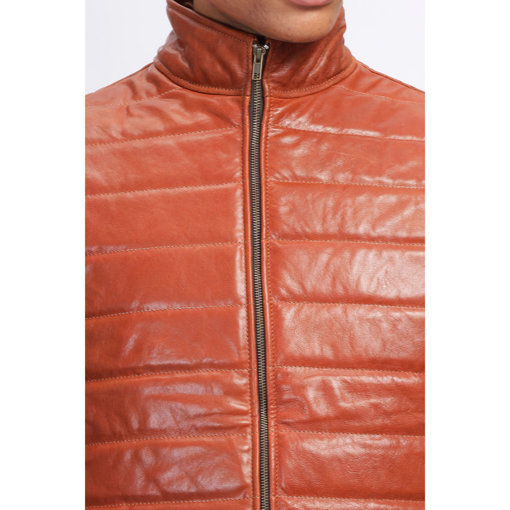 Mens Vintage Crunch Tan Puffer Style Crackle Leather Down Vest Jacket