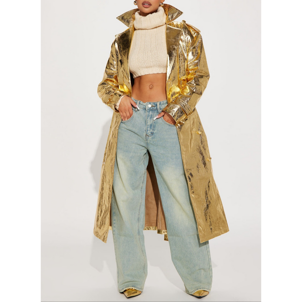 Women's Gold Metallic Foil Effect Double Breasted Real Leather Trench Coat