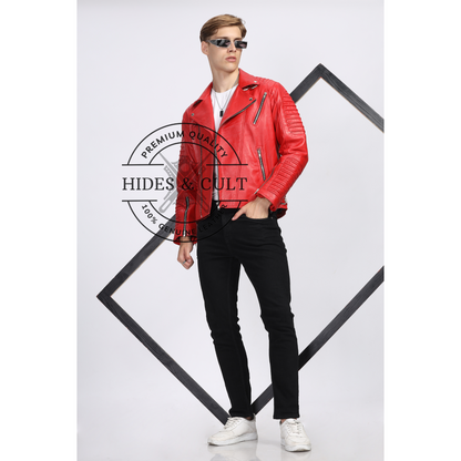 Mens Rich Red Slim Fit Motorcycle Biker Leather Jacket