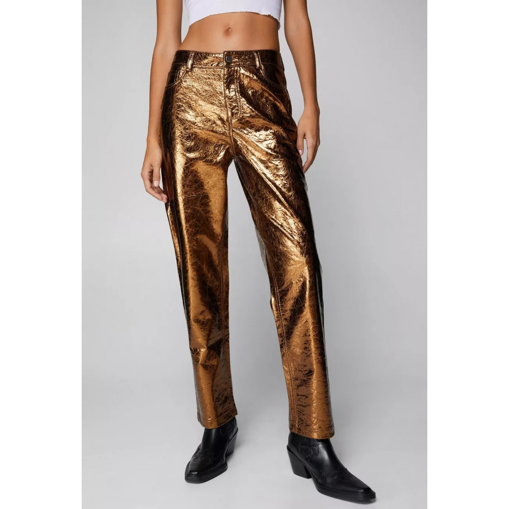 Women's Green Crackle Metallic Foil Straight Leg Genuine Leather Pants