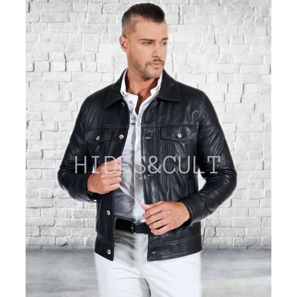 Mens Black Slim Fit Denim Trucker Leather Jacket
