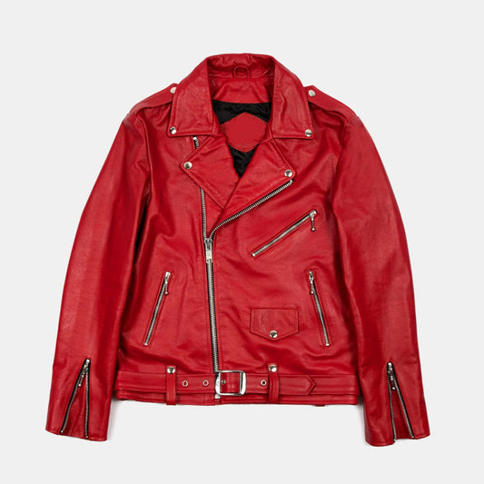 Men's Red Slim Fit Motorcycle Biker Belted Leather Jacket