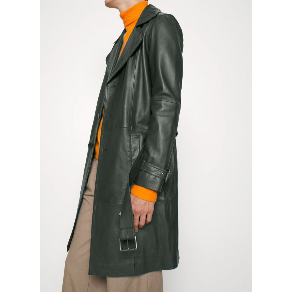 Mens Green Belted Genuine Leather Trench Coat Car Coat  also available in Burgundy Black