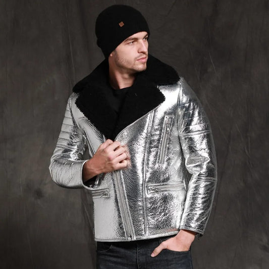 Men's Silver Metallic Foil Real Lambskin Black Furr Aviator Pilot Shearling Coat