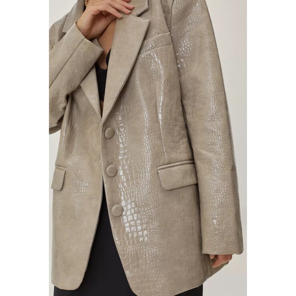 Women's Black Patent Croc Embossed Effect Vinyl Effect Genuine Leather Blazer