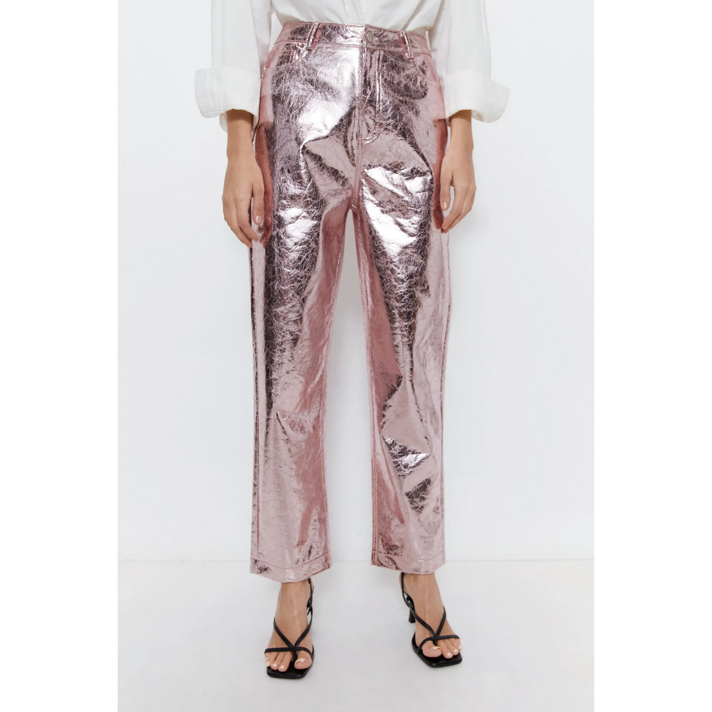 Women's Pink Crackle Metallic Foil Straight Leg Western Leather Pants