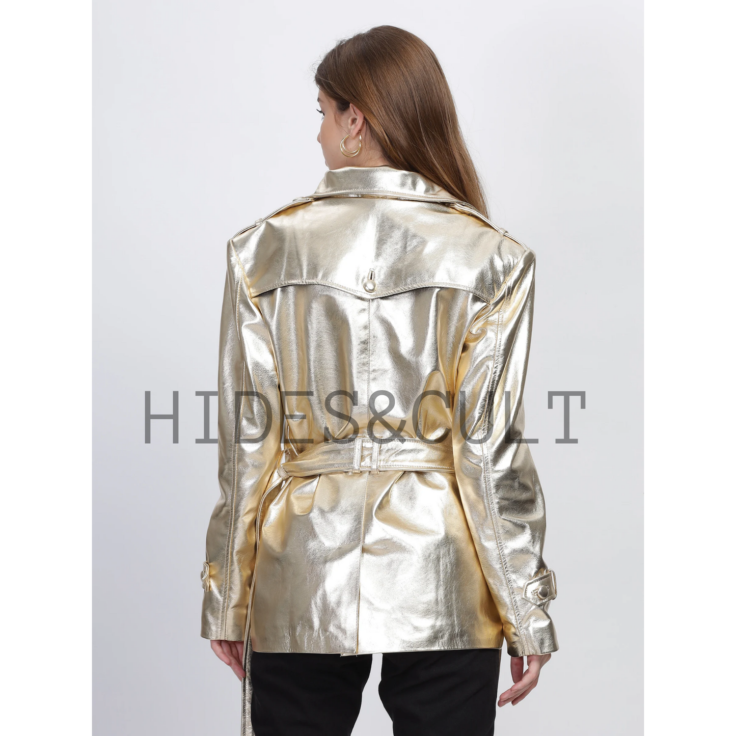 Womens Gold Metallic Foil Effect Belted Short Leather Trench Coat