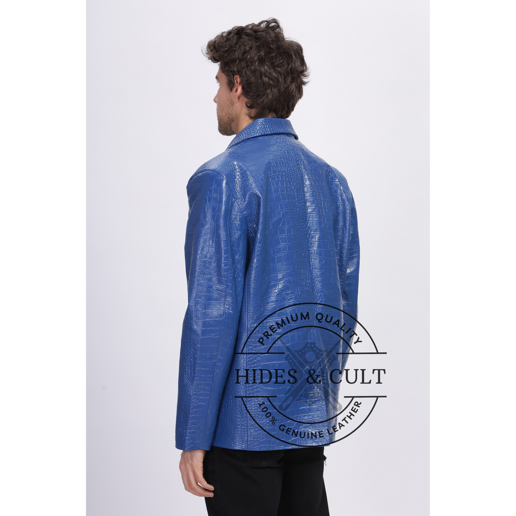Mens Electric Blue Double Breasted Croc Leather Blazer