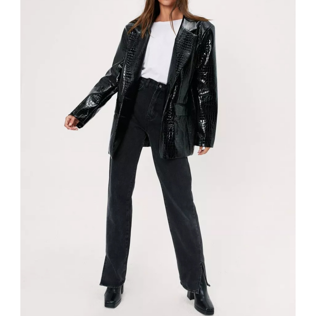 Women's Black Patent Croc Embossed Effect Vinyl Effect Genuine Leather Blazer