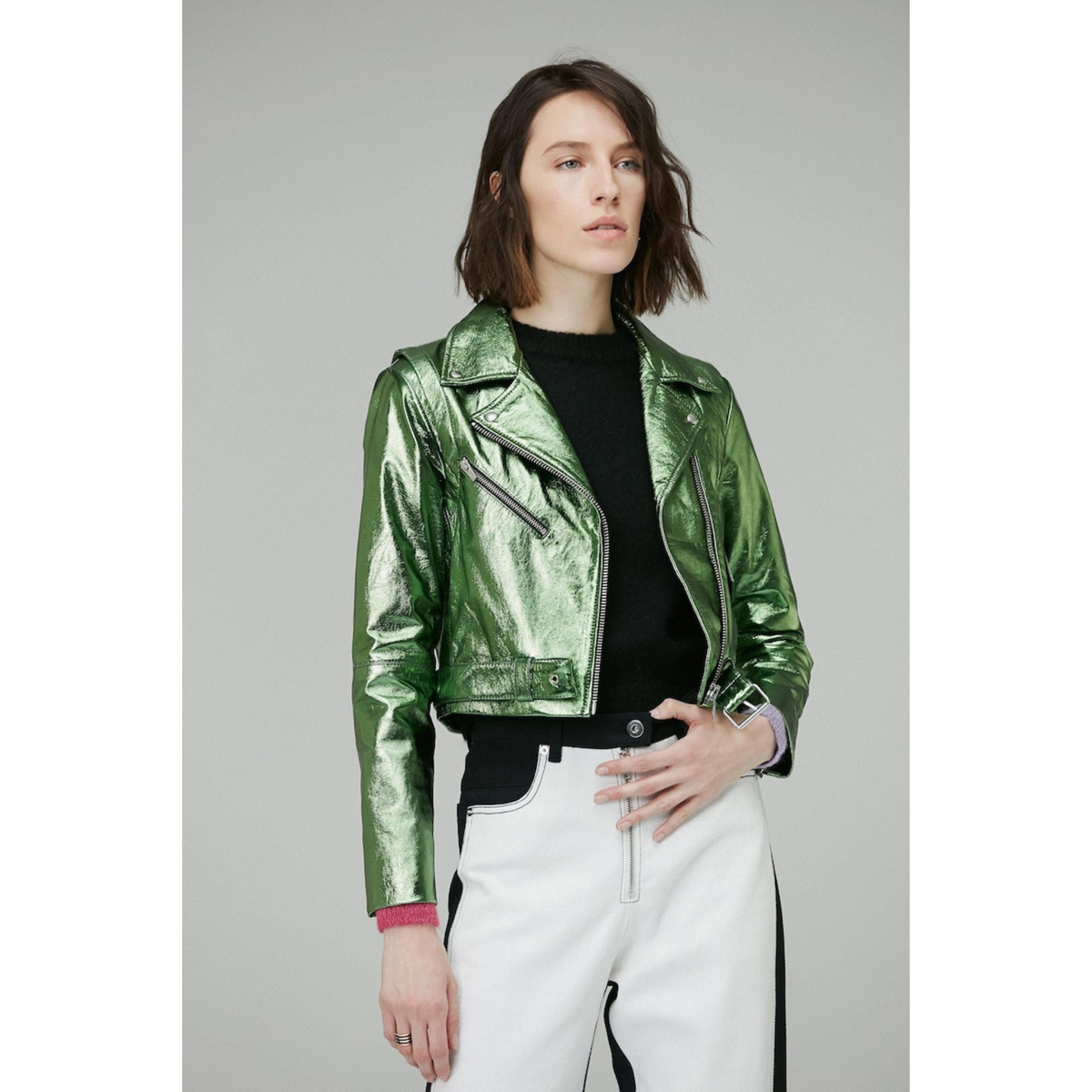 Women's Green Metallic Foil Cropped Motorcycle Biker Leather Jacket