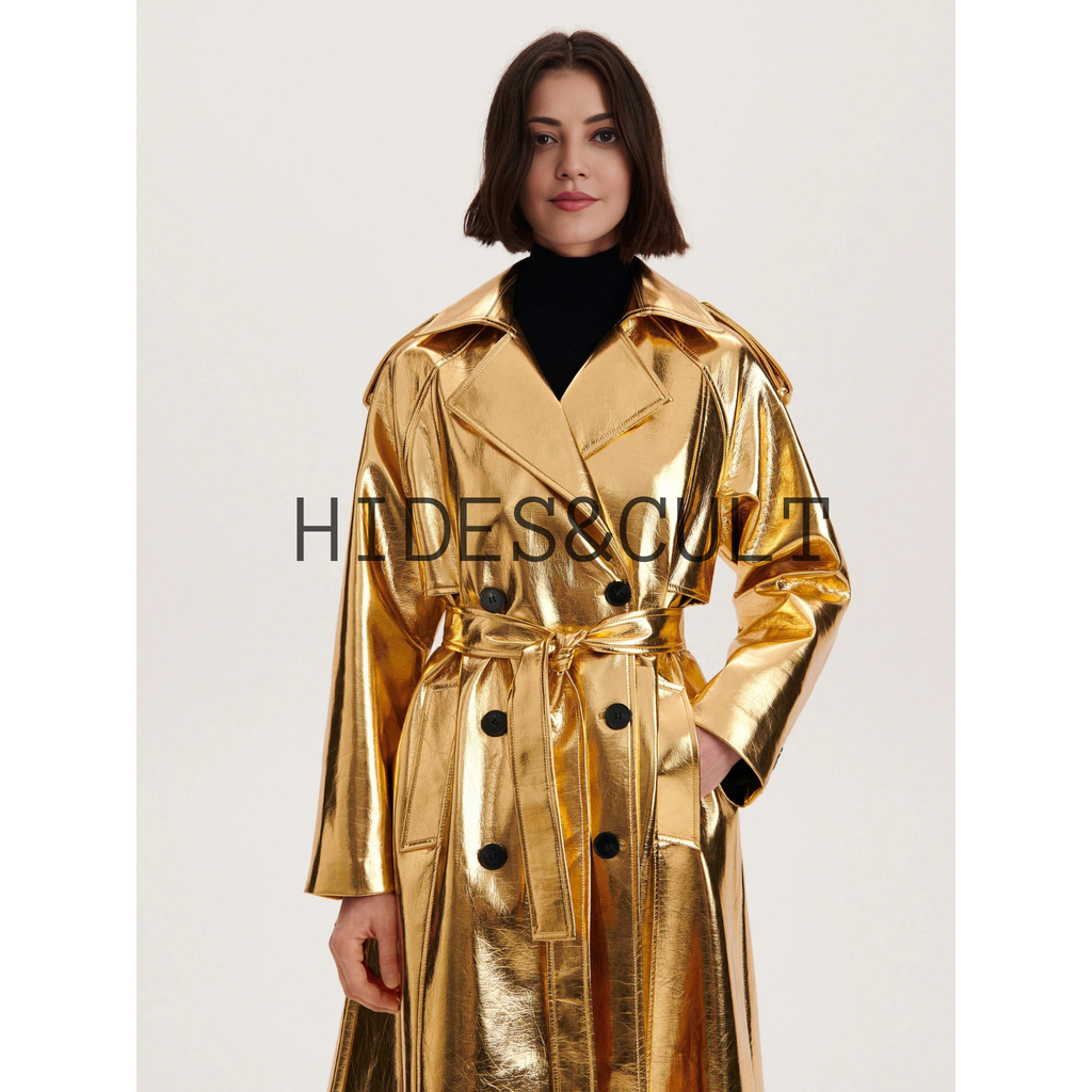 Women's Shiny Yellow Gold Metallic Foil Effect Double Breasted Leather Trench Coat