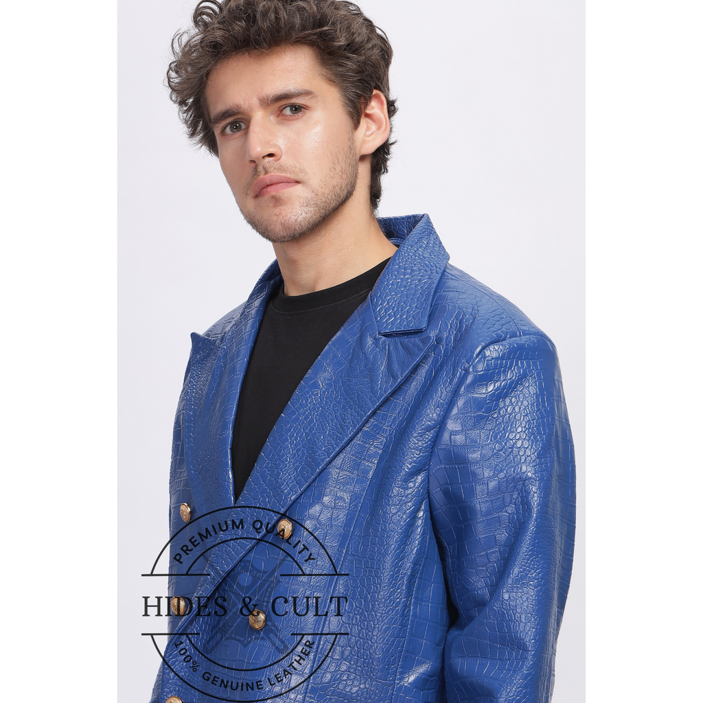 Mens Electric Blue Double Breasted Croc Leather Blazer