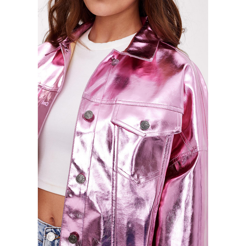 Women's Pink Metallic Foil Denim Style Genuine Leather Shacket