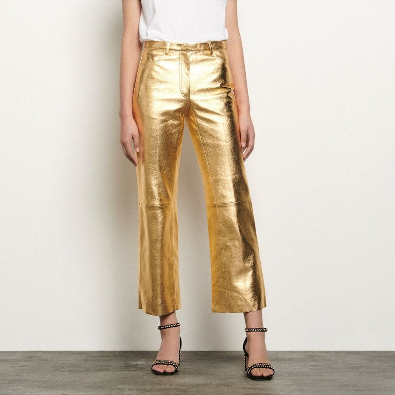 Women's Gold Metallic Foil Effect Straight Leg Genuine Leather Pants