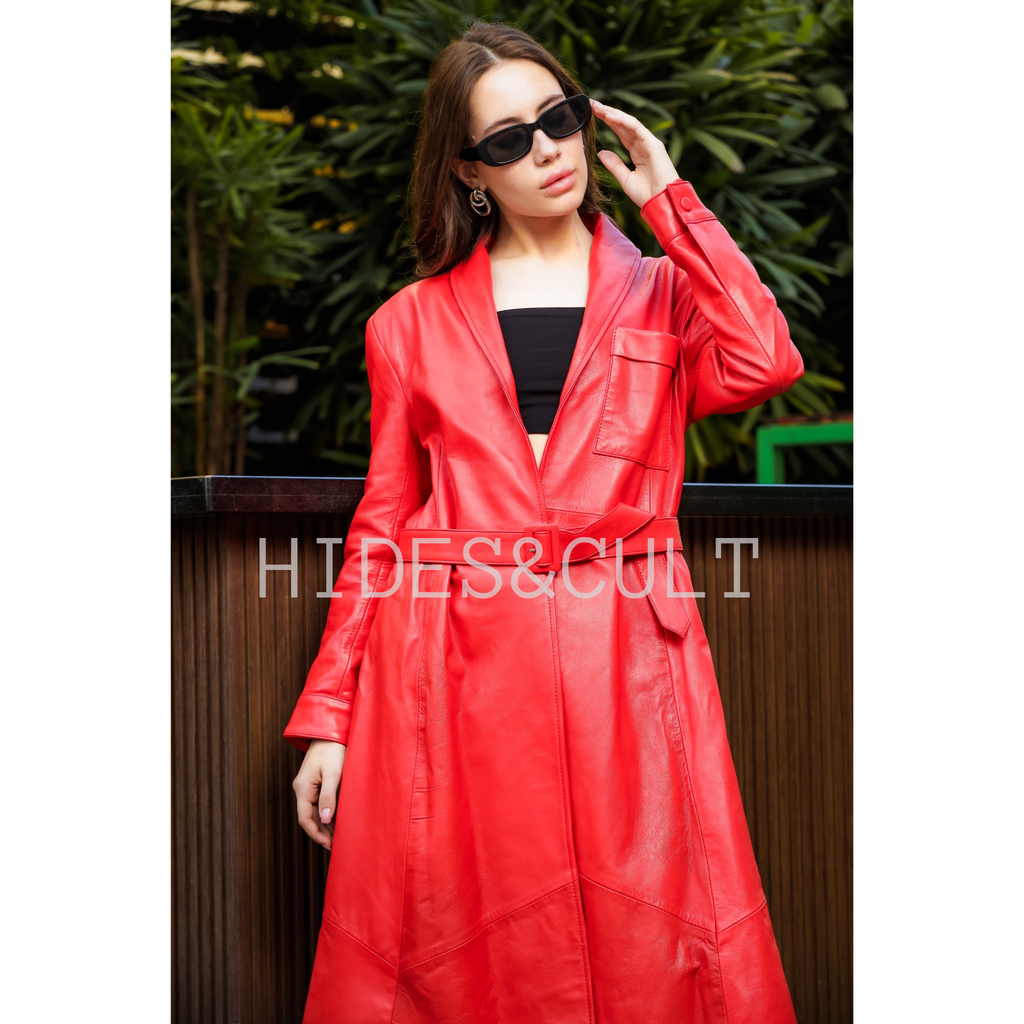 Women's Red Genuine Leather Long Maxi Dress